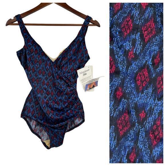 NEW Miraclesuit vintage one piece blue abstract slimming bathing suit size 10